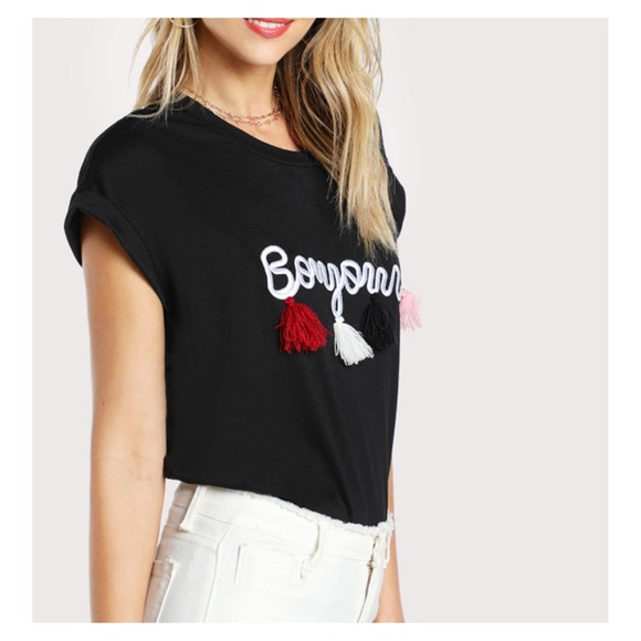 Black Short Sleeve Embroidered Tassel T-Shirt Bonjour - Picture 2 of 5
